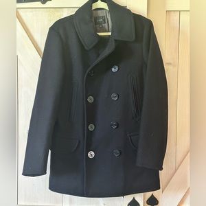 J Crew Mens Double Breasted Black Wool Anchor Button Pea Coat S with thinsulate